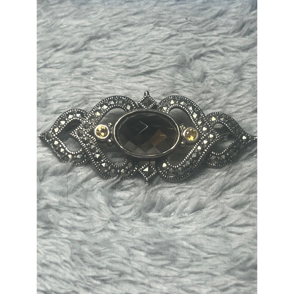 Vintage 925 Sterling Silver Smoky Quartz Marcasite Brooch Pin Art Deco 2in